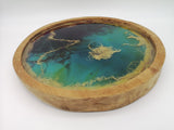 Tablett / Wandbild aus Teakholt mit Resin - Grün Blau Gold