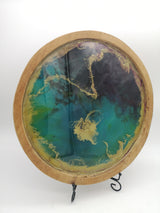 Tablett / Wandbild aus Teakholt mit Resin - Grün Blau Gold