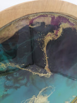 Tablett / Wandbild aus Teakholt mit Resin - Grün Blau Gold