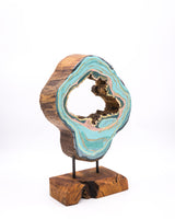 Ornamentständer aus Teakholz mit Resin - Hellblau Rosa