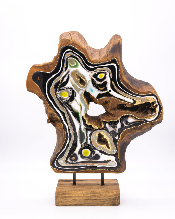 Ornamentständer aus Teakholz mit Resin - Schwarz Weiß Gelb