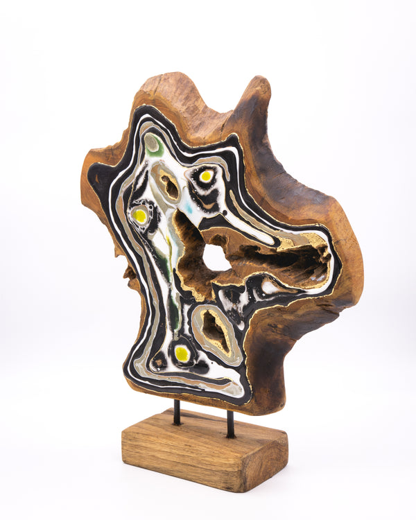 Ornamentständer aus Teakholz mit Resin - Schwarz Weiß Gelb