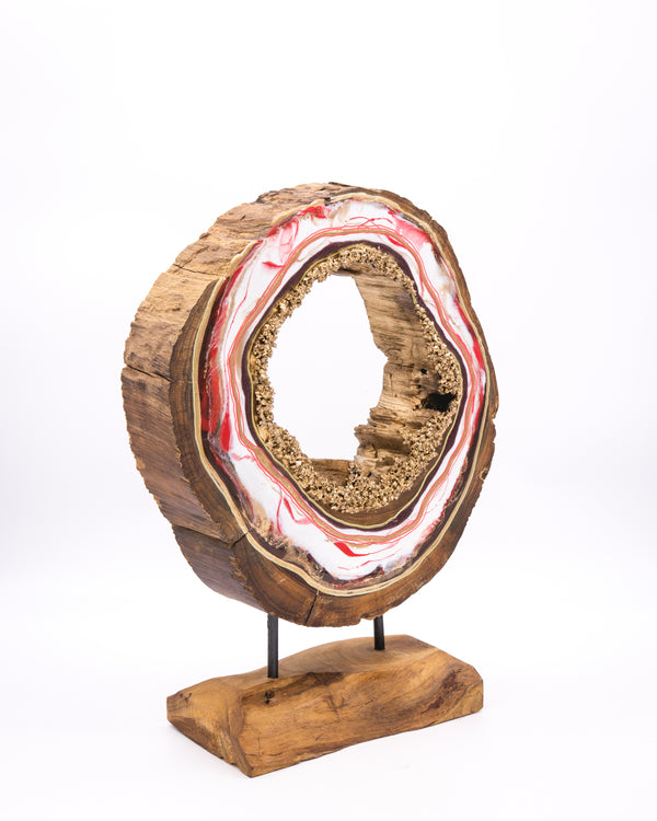 Ornamentständer aus Teakholz mit Resin - Rot Weiß